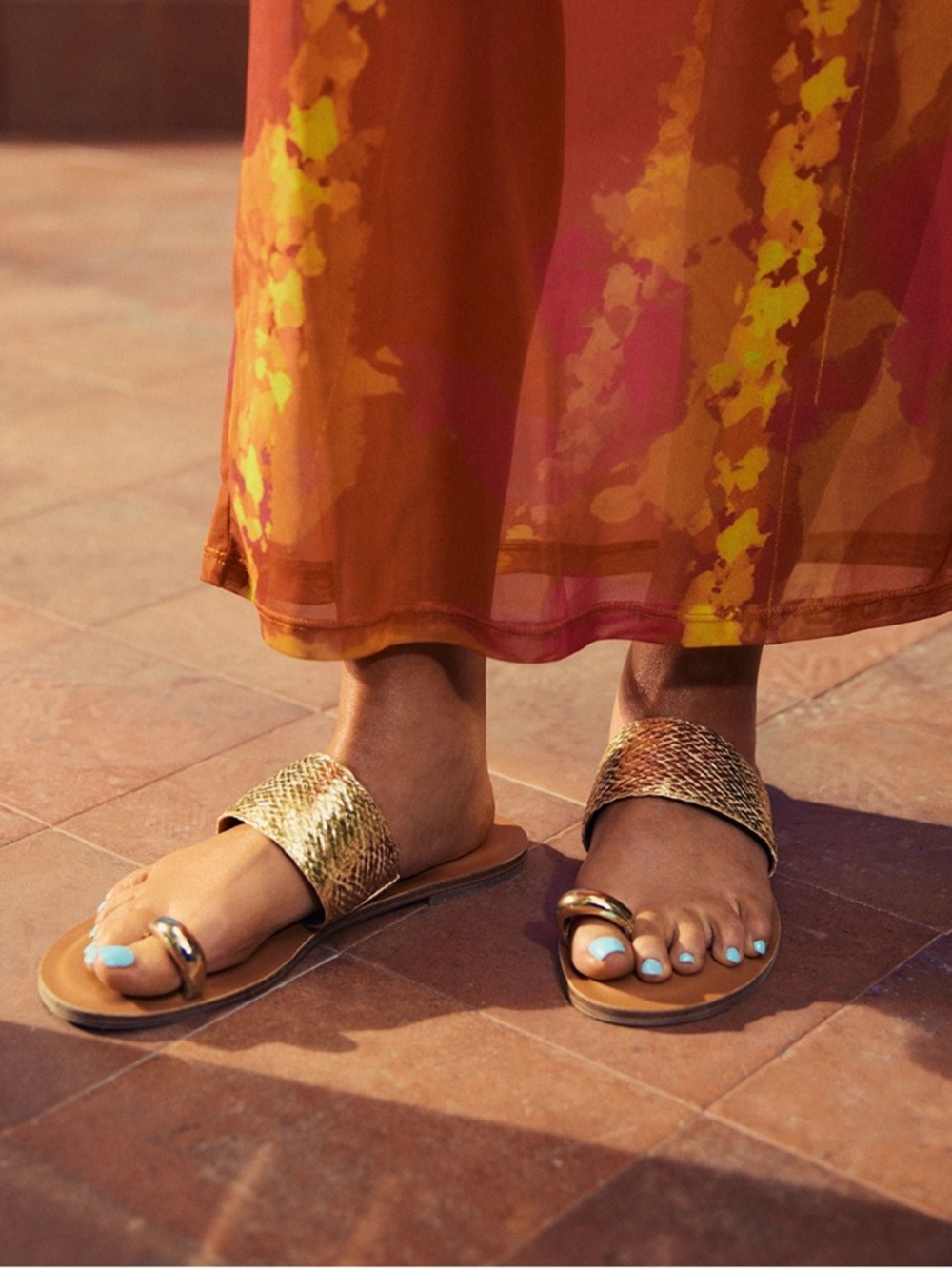 Aldo Metallic Gold Braided Strap Toe-Ring Slide Sandals